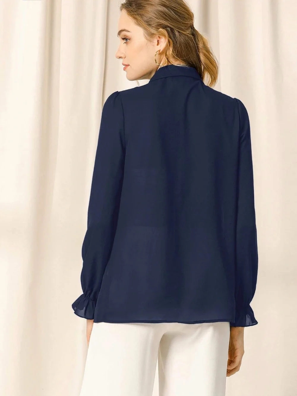 Classic Navy Ruffle-Detail Button Front Blouse - Women's Top
